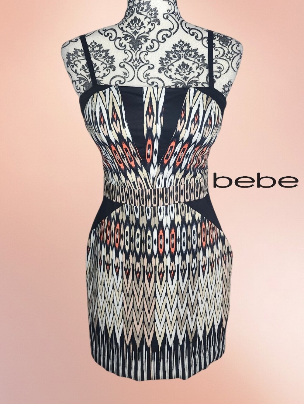 BEBE Printed Black and White Ikat Sheath Dress with Coral Accents - 6
